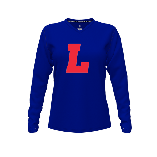 [FTLVPTRY-FYXS-LOGO2] Decker Performance T-Shirt (Female Youth XS, Royal, V Neck, Logo 2, Long Sleeve)
