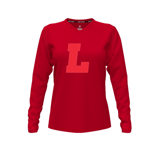 [FTLVPTRD-FYXS-LOGO2] Decker Performance T-Shirt (Female Youth XS, Red, V Neck, Logo 2, Long Sleeve)